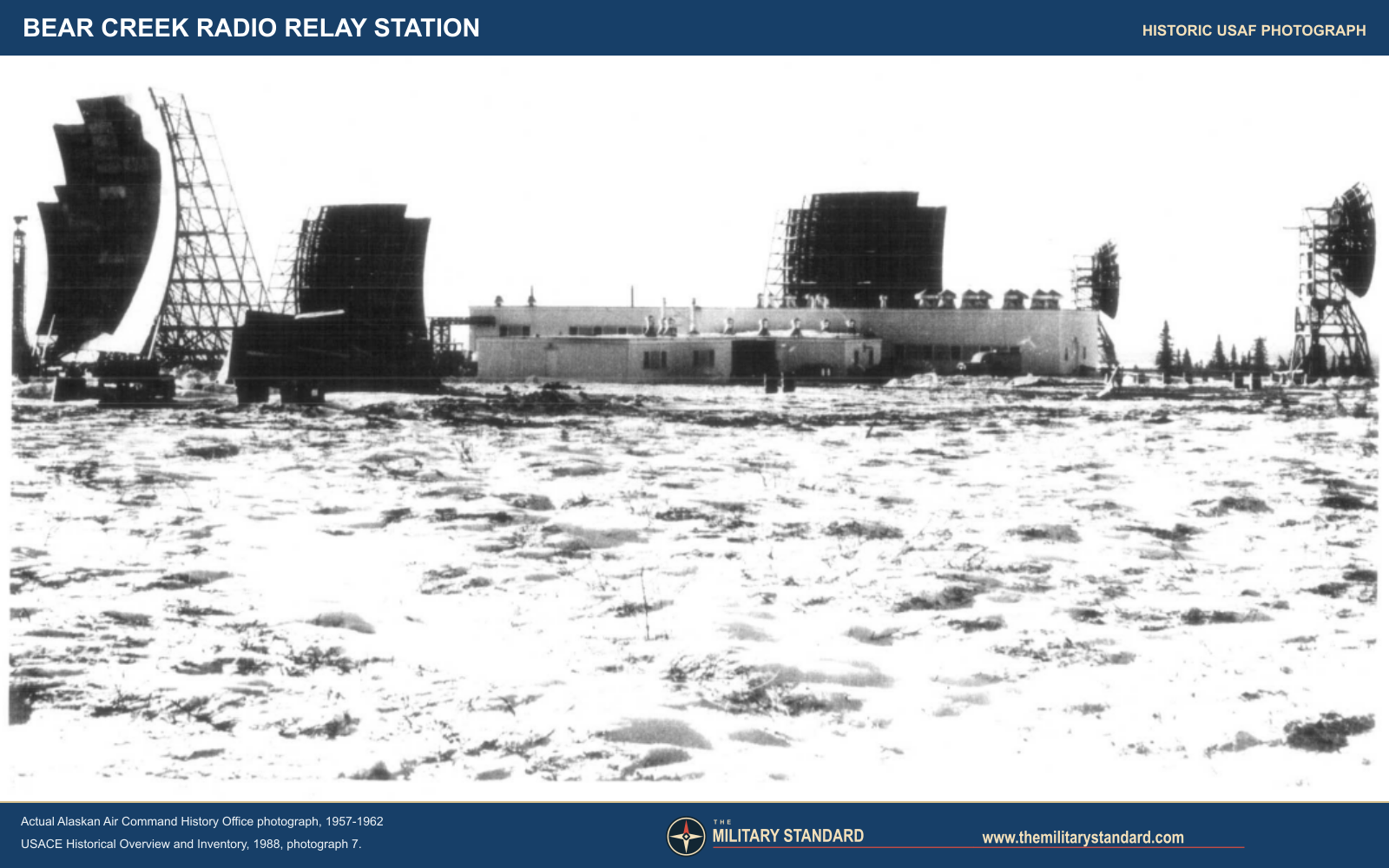 Historic winter ground-level photograph of Bear Creek Radio Relay Station and antennas