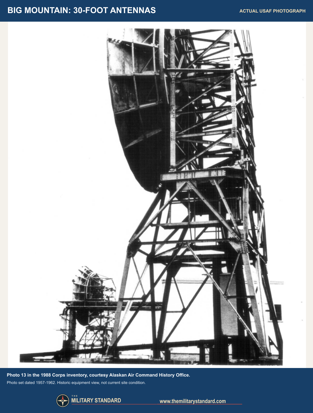Actual historic Air Force photograph of Big Mountain 30-foot White Alice antennas
