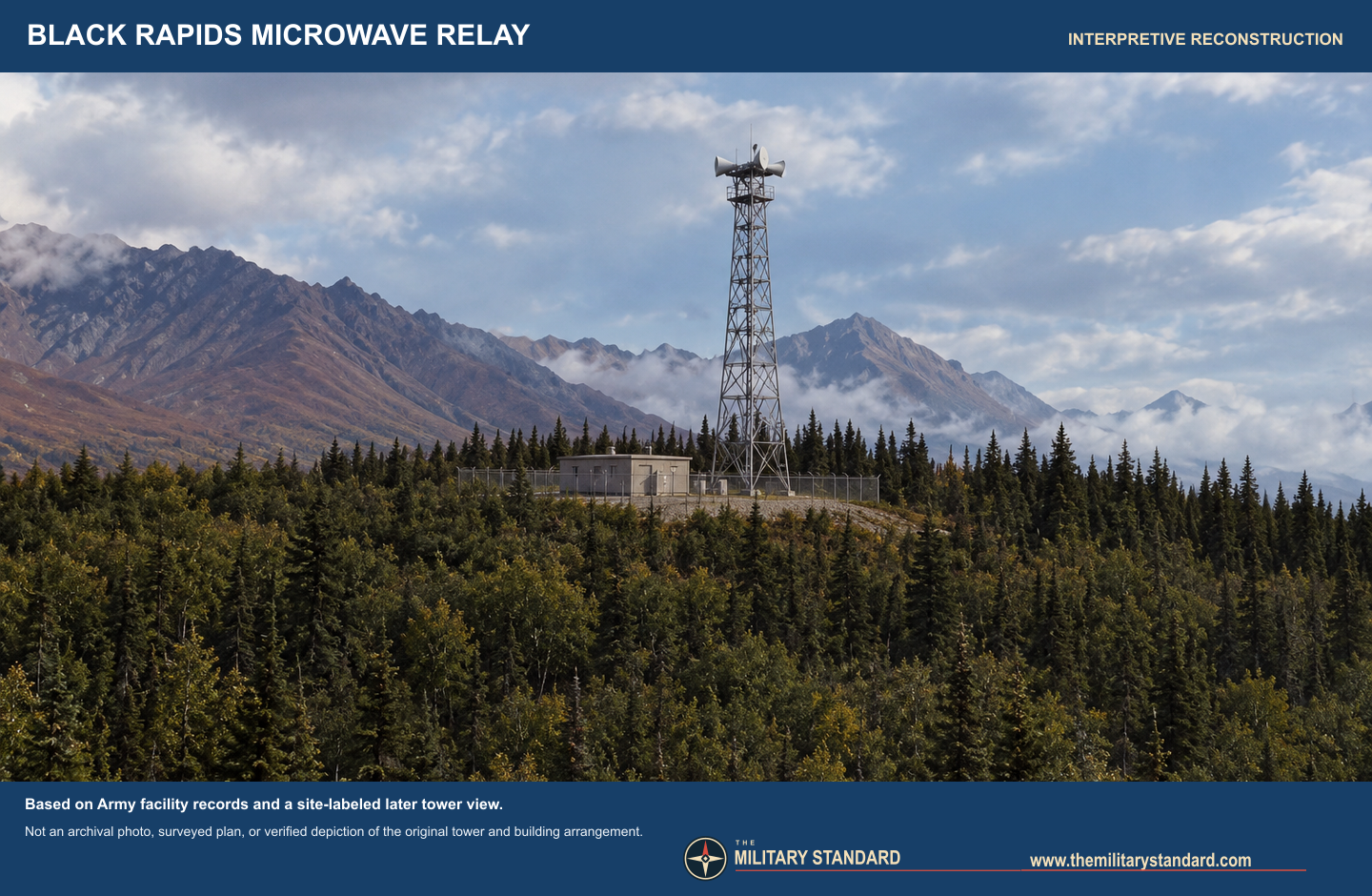 Interpretive rendering of a single-building White Alice microwave relay with a lattice tower in the Black Rapids setting