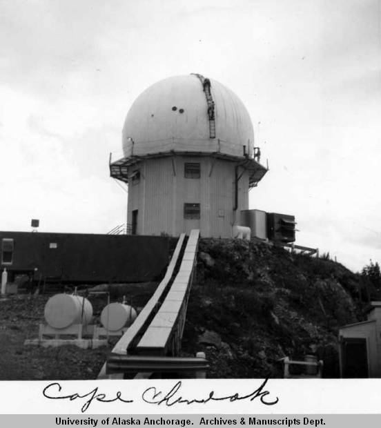 Archival Cape Chiniak photograph showing a domed tracking-station structure on a raised base
