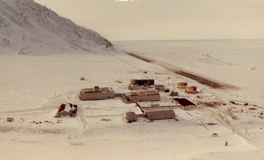 1981 aerial view of Cape Lisburne lower camp and Chukchi Sea shore