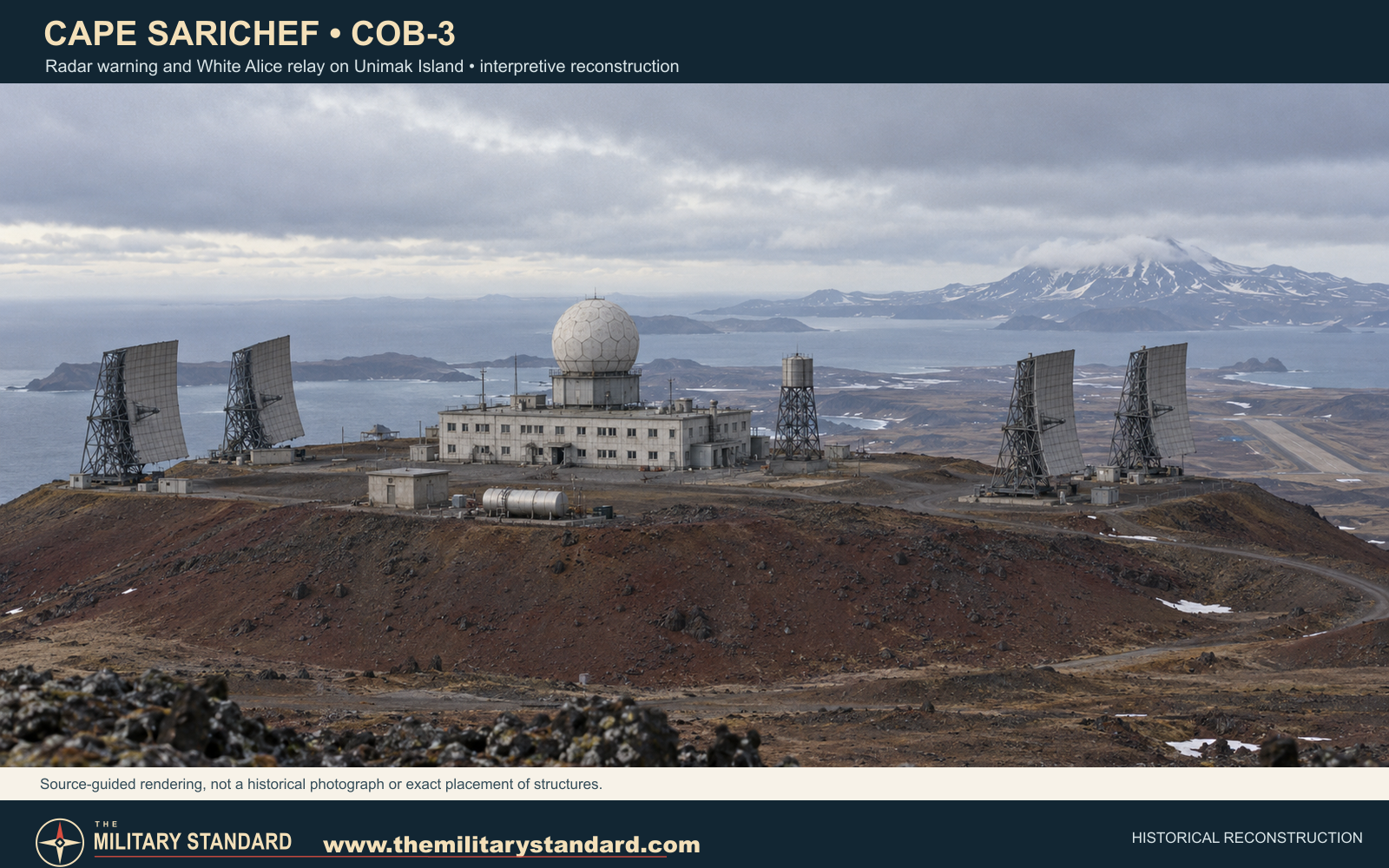 Interpretive reconstruction of Cape Sarichef radar and White Alice station on a volcanic cinder hill