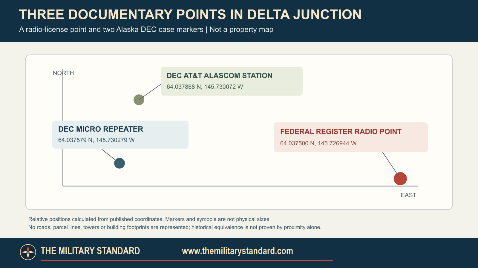 Relative positions of Delta Junction's radio-license point and two Alaska DEC site-record points