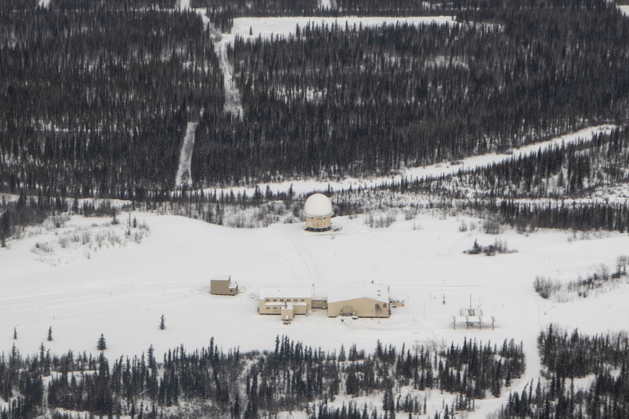 2023 aerial view of Fort Yukon radar radome and support buildings