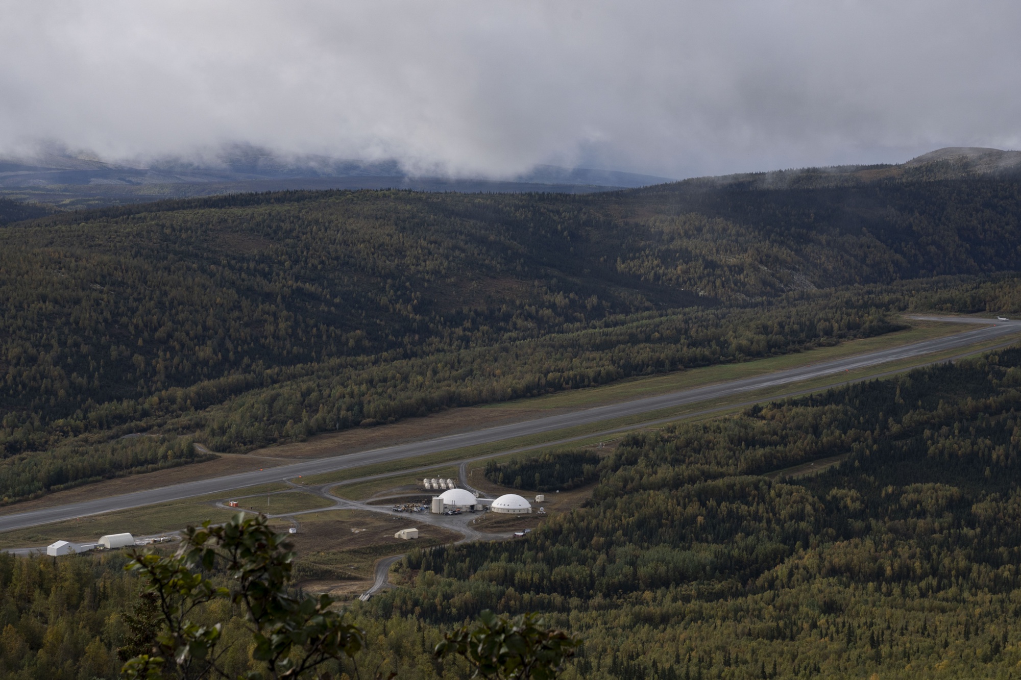 2023 aerial of Indian Mountain lower camp, buildings, and airstrip