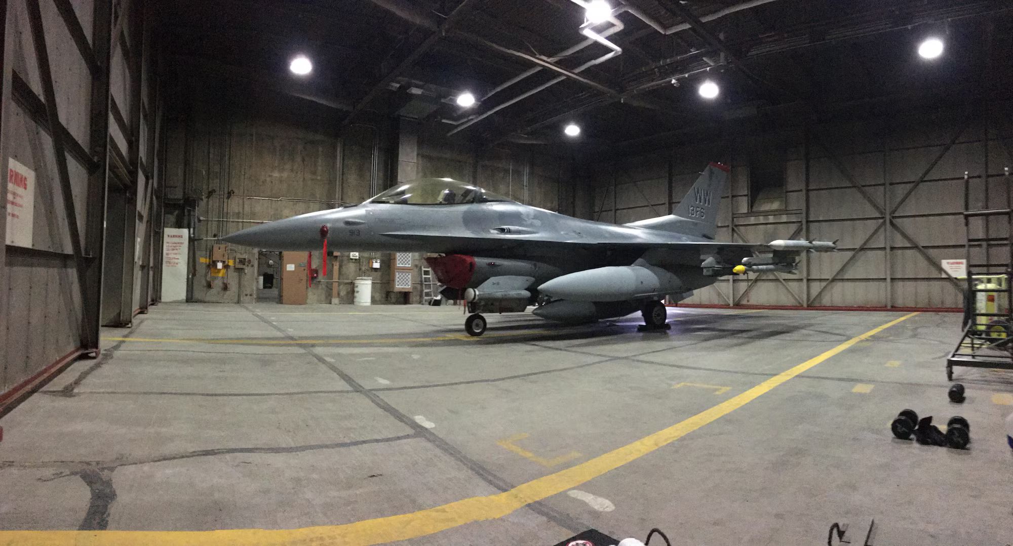 U.S. Air Force F-16 inside a King Salmon hangar in April 2017