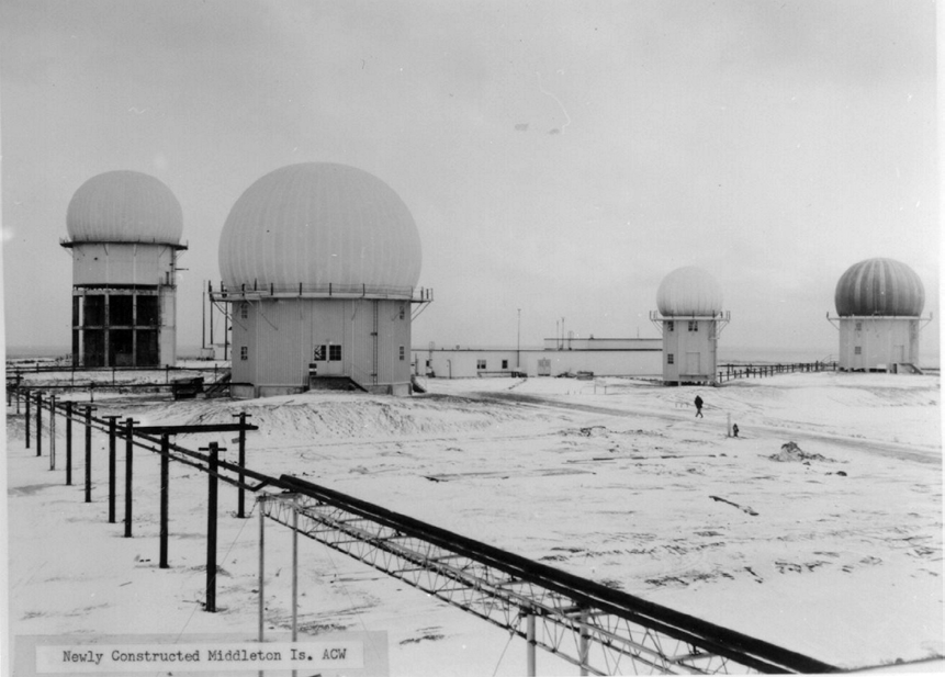 Historical 11th Air Force photograph of Middleton Island AC&W site with four radome towers