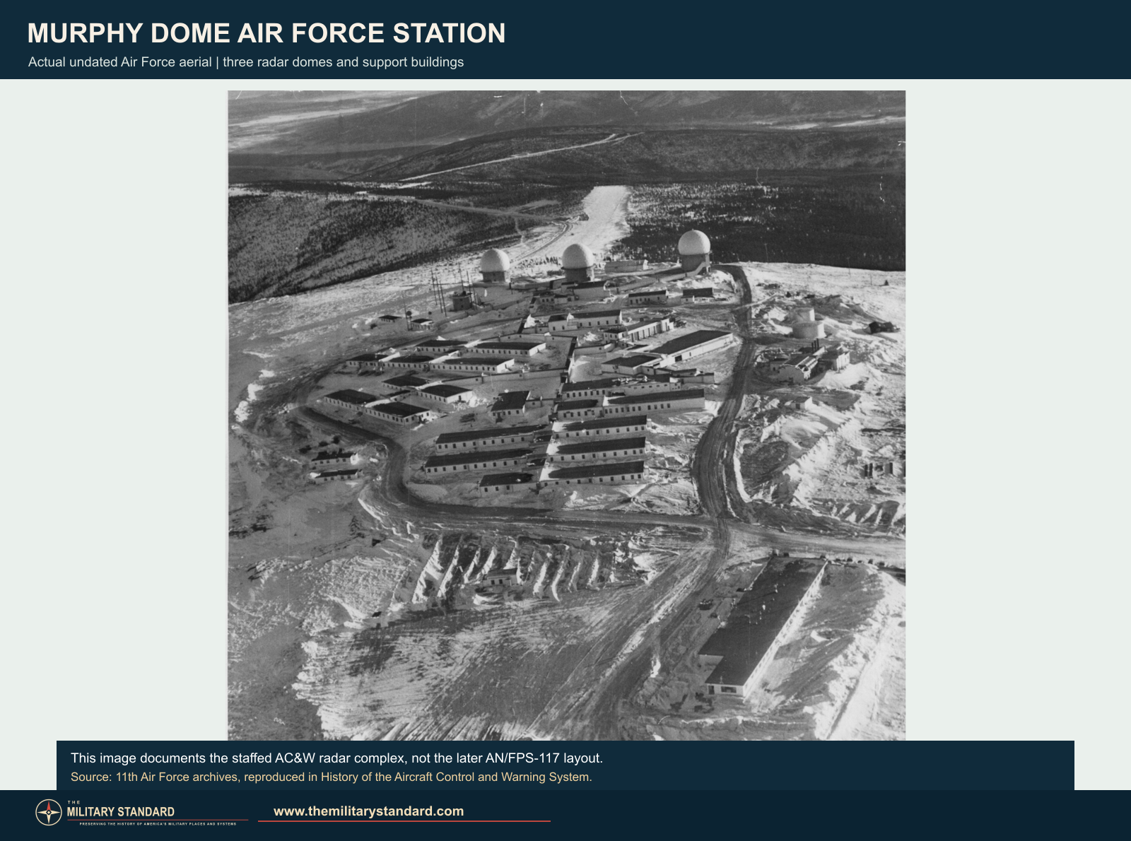Undated Air Force aerial photograph of Murphy Dome Air Force Station showing three radar domes and the staffed support complex