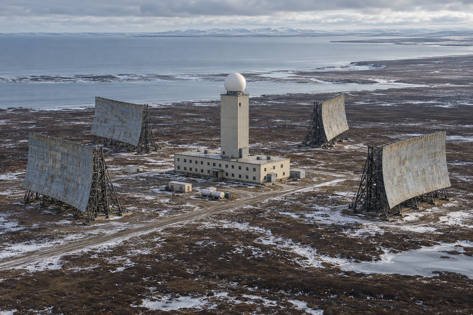 Interpretive aerial reconstruction of Port Heiden Air Force Station with radar tower and four White Alice billboard antennas