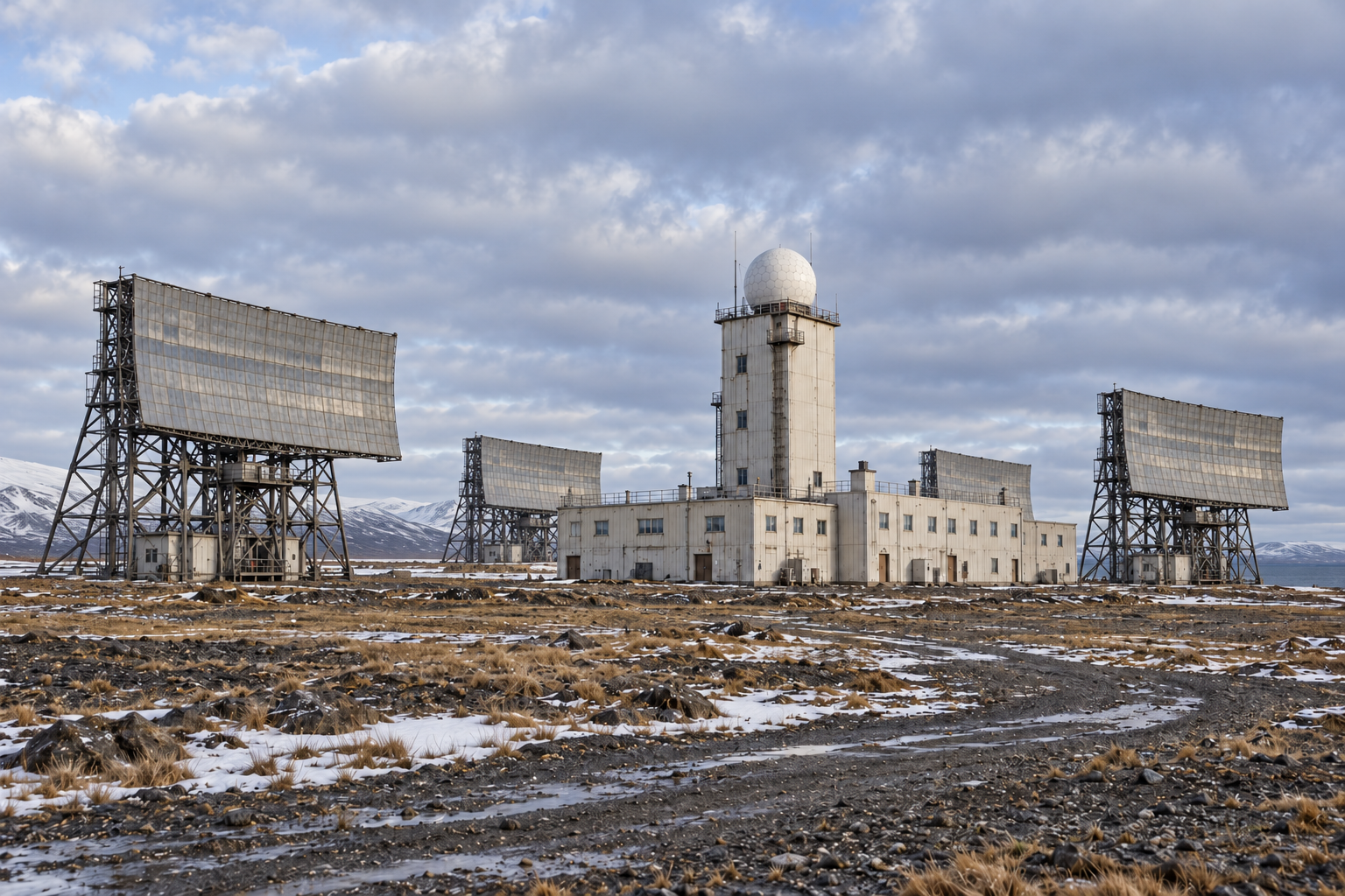 Interpretive ground-level reconstruction of the Port Heiden radar tower, composite building, and White Alice antennas