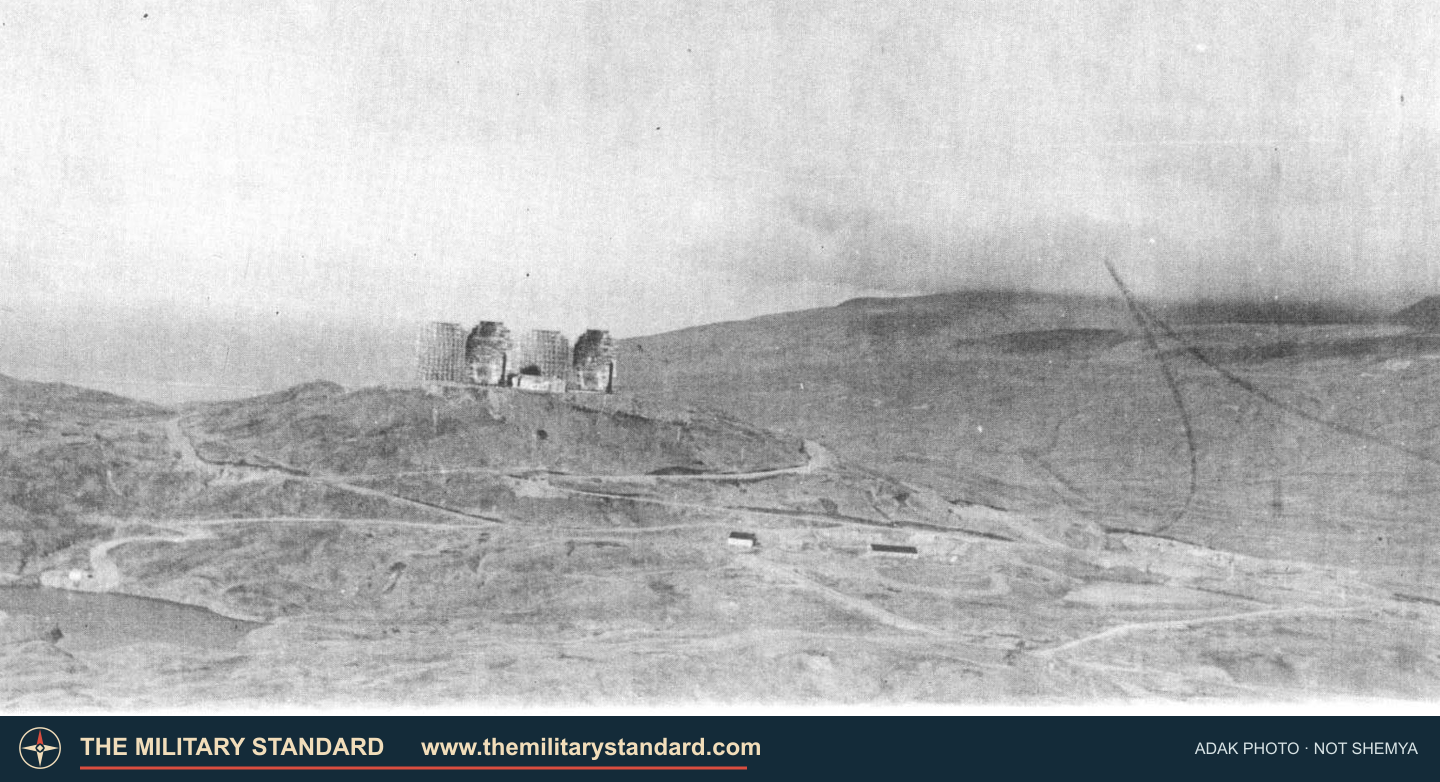Historic Alaskan Air Command photograph of four White Alice reflectors at Adak, a comparative site, not Shemya