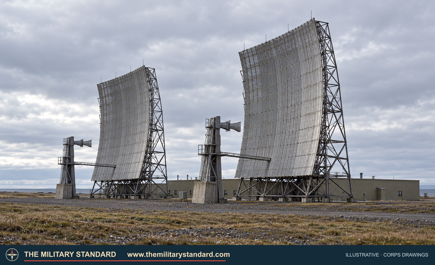 Illustrative reconstruction showing Shemya's two 120-foot White Alice billboard reflectors and their feed structures