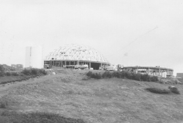 Actual circa-1984 photograph of Sparrevohn minimally attended radar support dome under construction