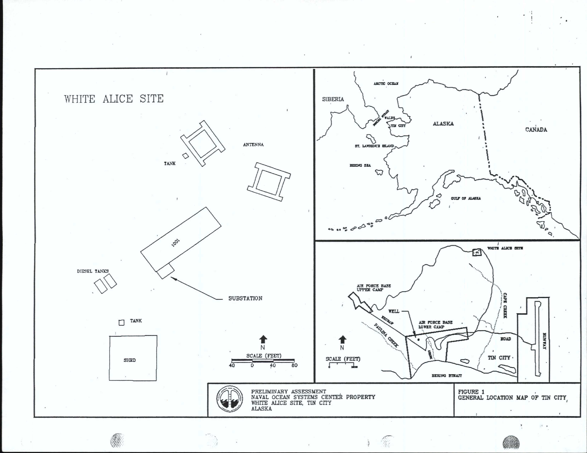 1991 Navy site plan showing Tin City White Alice antenna structures, buildings, tanks and nearby radar camps