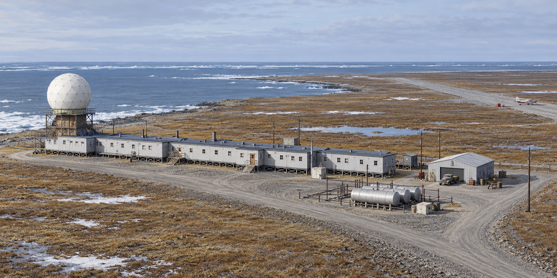 Historical reconstruction of Wainwright LIZ-3 showing one radar radome, a long modular station, garage, fuel tanks and gravel airstrip on flat Arctic tundra