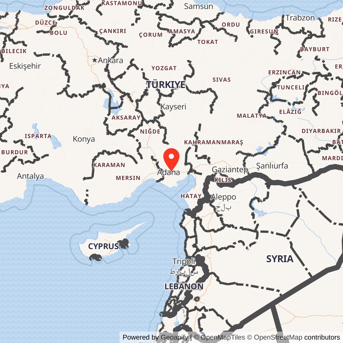 Map showing location of Incirlik Air Base, Adana, Turkey