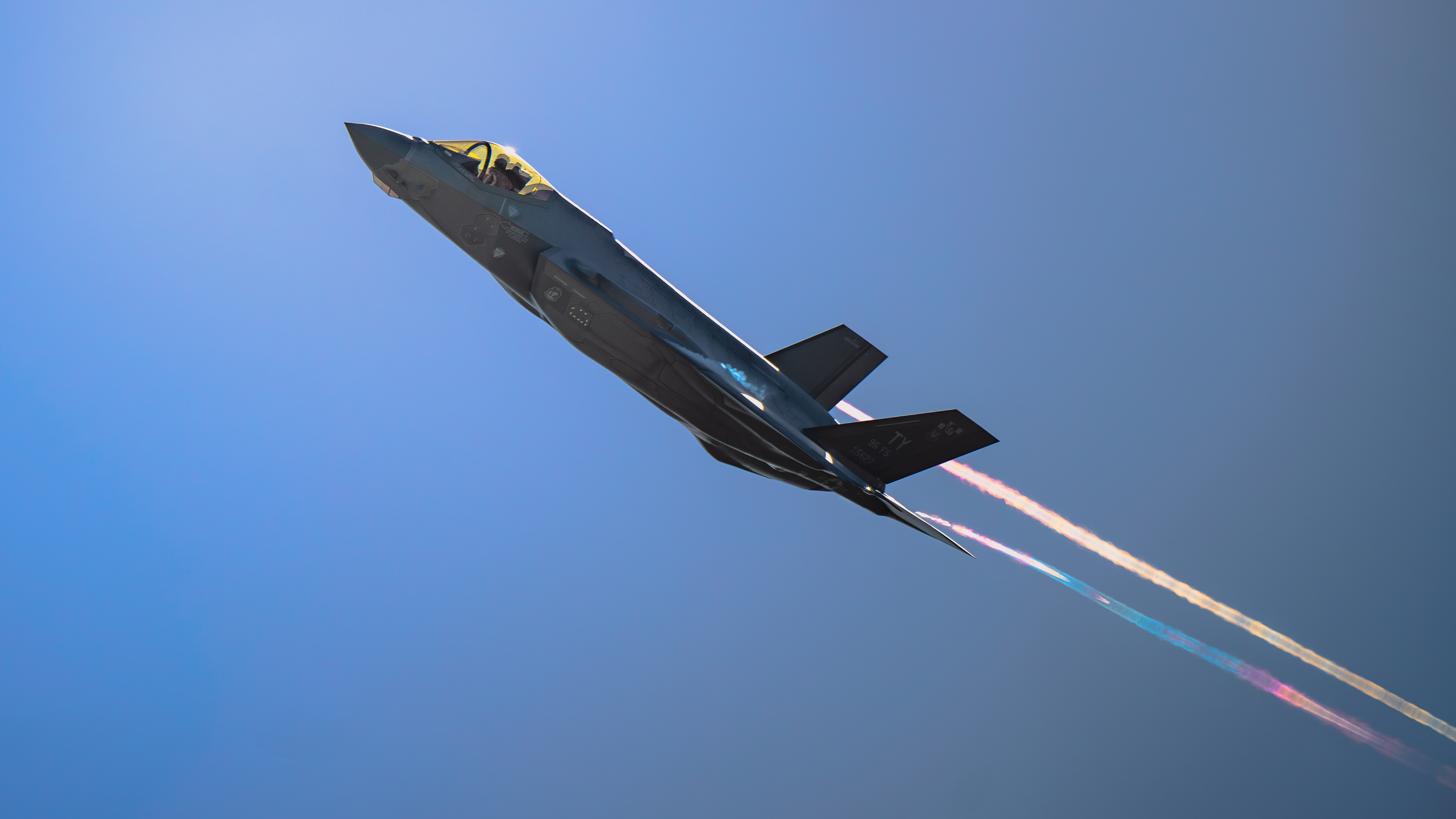 A U.S. Air Force F-35A Lightning II assigned to the 95th Fighter Squadron, flies during Checkered Flag 25-2 at Tyndall Air Force Base, Florida, May 14, 2025