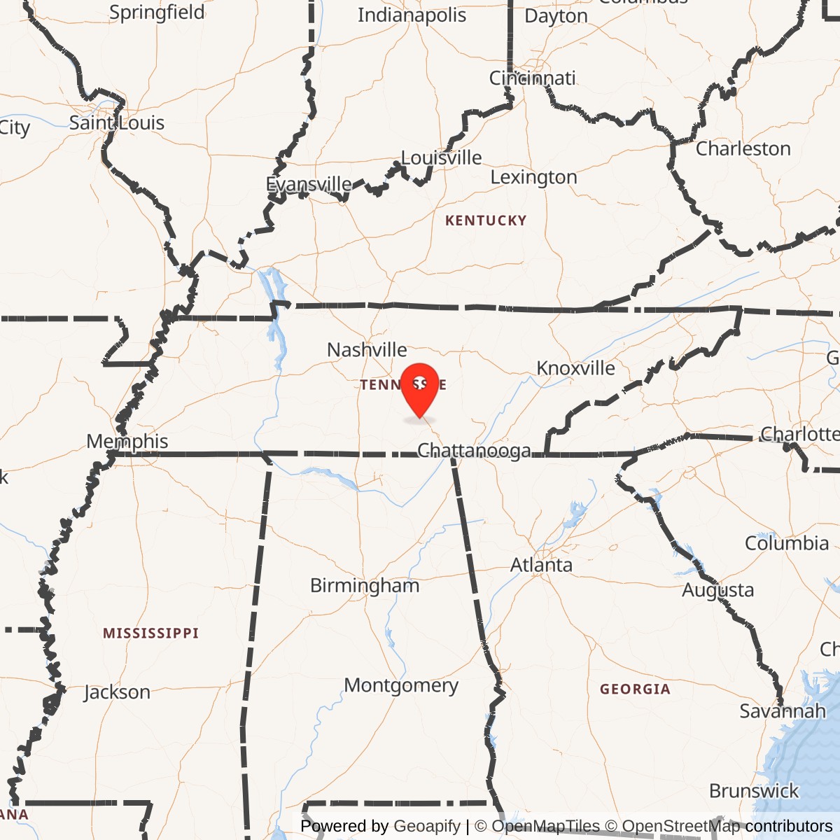 Map showing location of Arnold Air Force Base, Tennessee