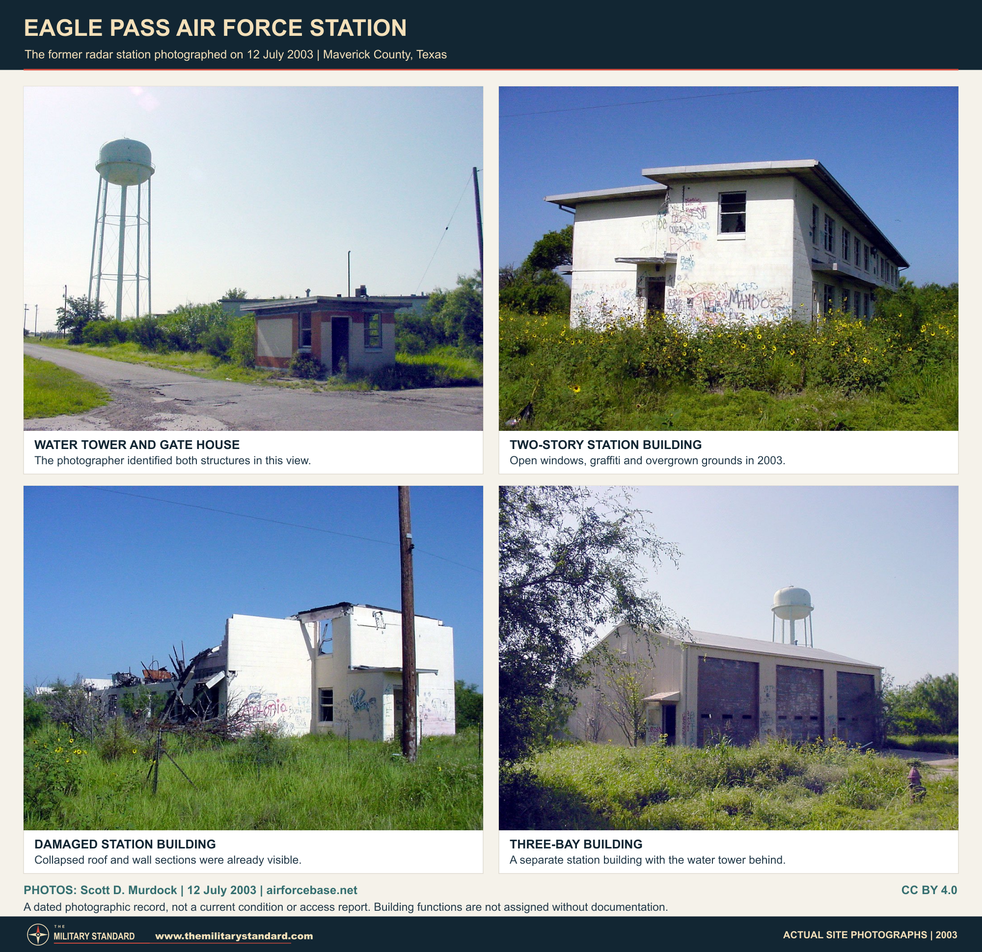 Eagle Pass Air Force Station water tower, gate house and station buildings photographed in July 2003
