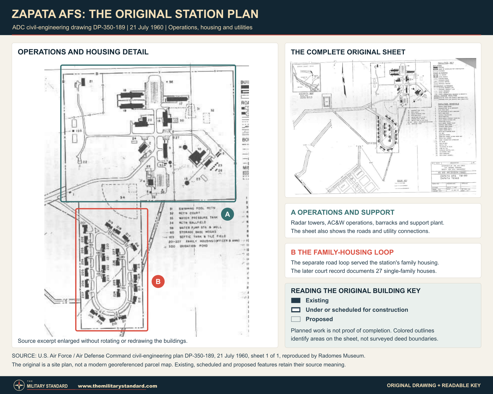 Original July 21, 1960 Zapata Air Force Station plan showing operations, housing and the construction-status legend