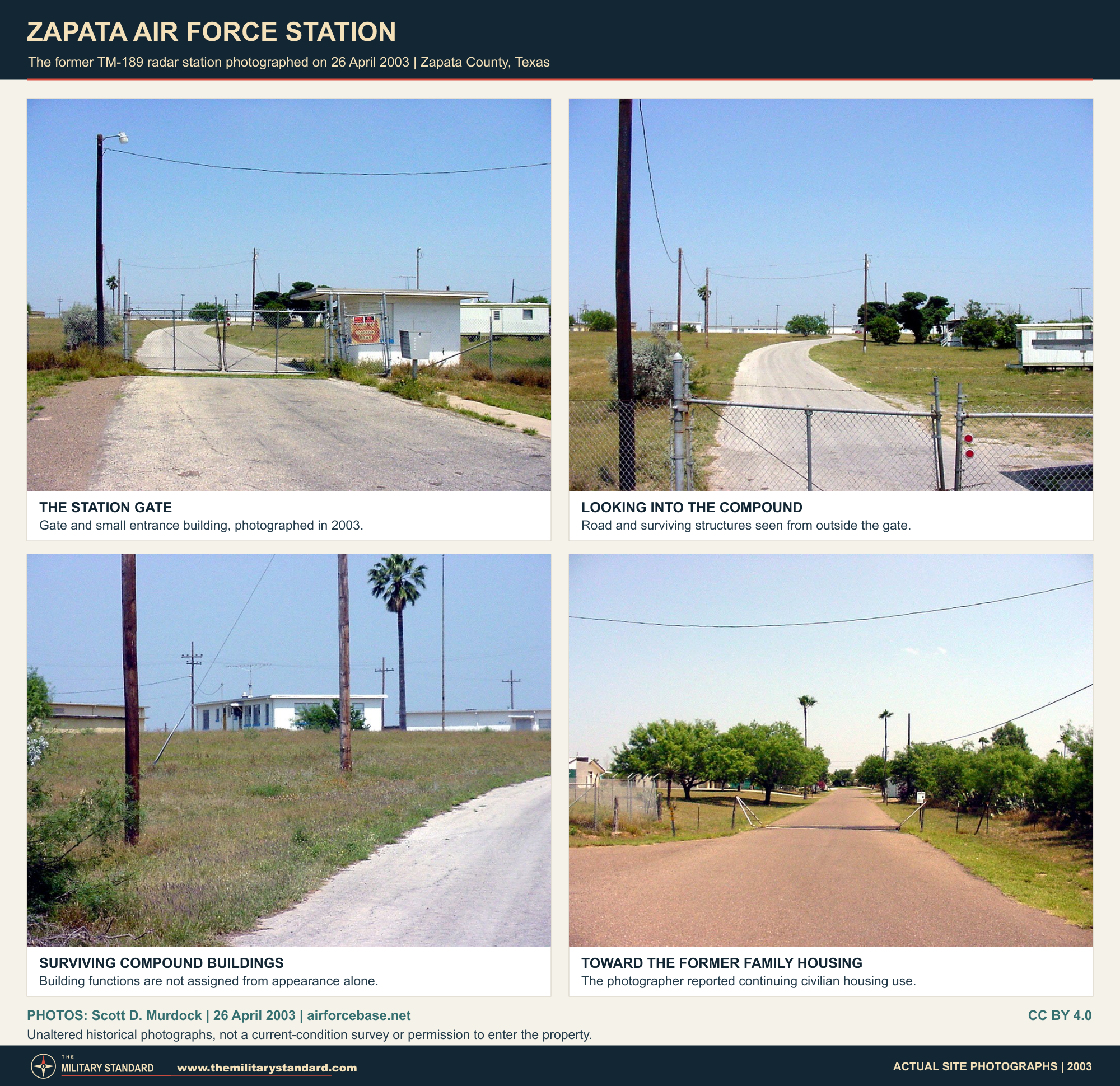 Zapata Air Force Station gate, compound buildings and former family-housing approach photographed in April 2003