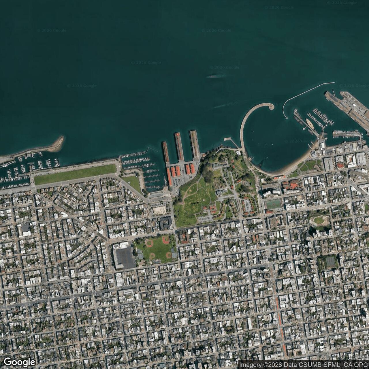 Current Google Satellite Image of Fort Mason, California