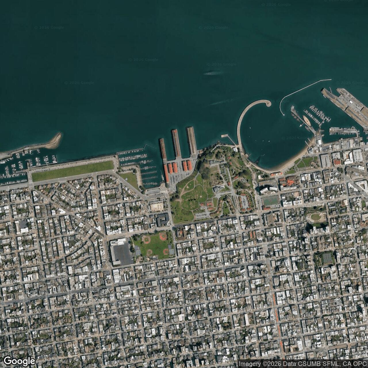 Current Google Satellite Image of San Francisco Port of Embarkation / Fort Mason Port System, California