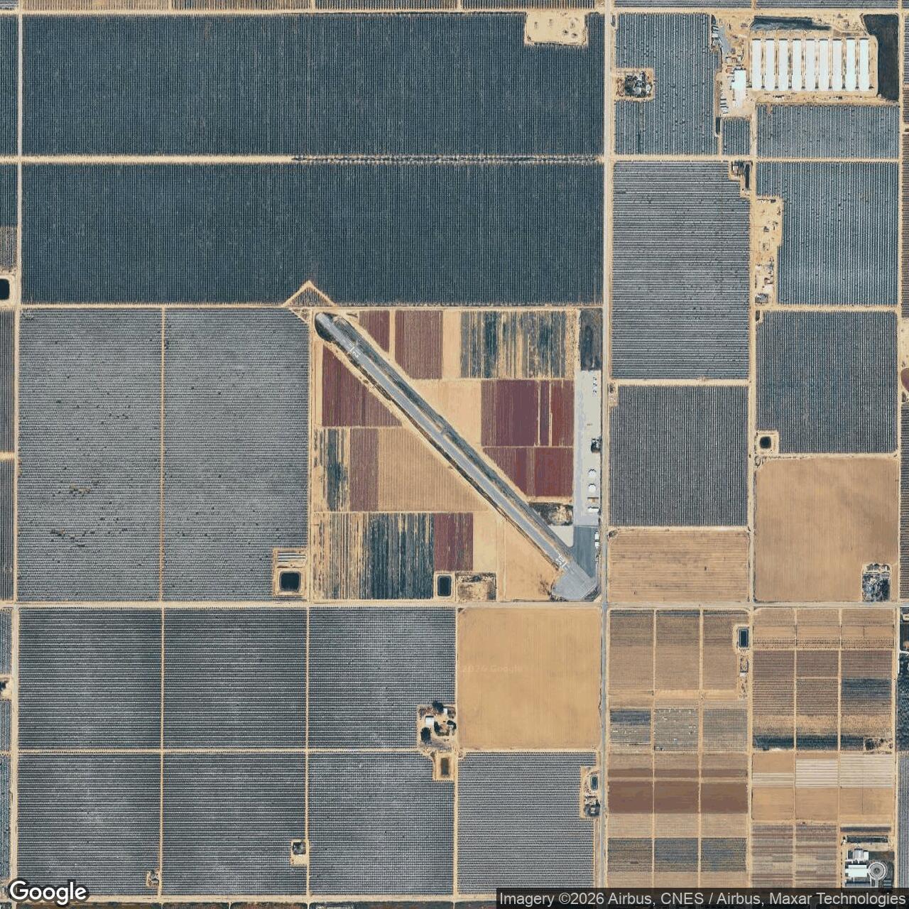 Current Google Satellite Image of Wasco Auxiliary Field No. 1 / Wasco-Kern County Airport, California
