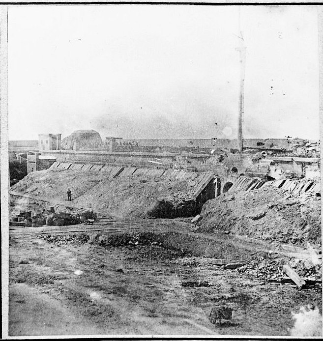 Historic Interior View of the Entrance Taken Shortly after Battle, Looking toward the Southwest Showing Damage to Gorge as Well as Timber and Earth Blindage.