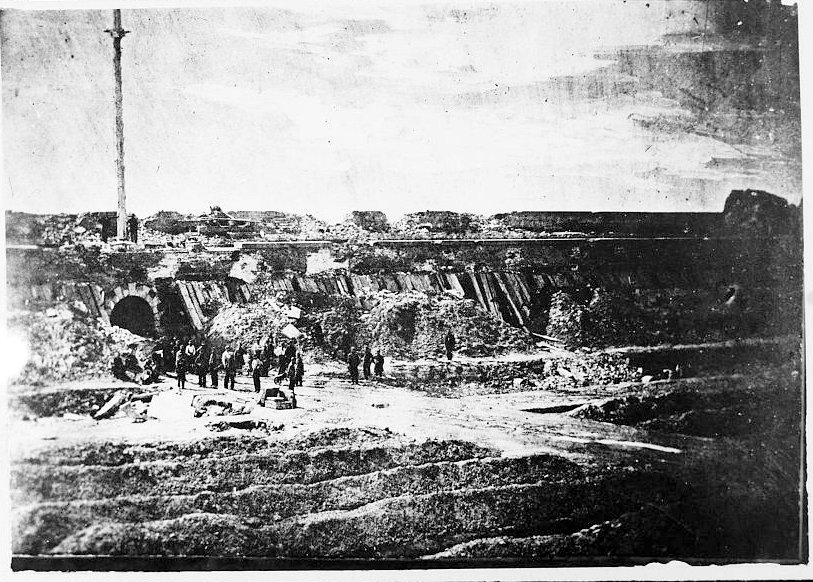 Historic Interior View of Gorge Wall, Taken Shortly after Battle, Looking Northwest at the Entrance and Northwest Shoeing Damage to Gorge Wall as Well as Timber and Earth Blindage (See Also HABS No. GA-2158-39).