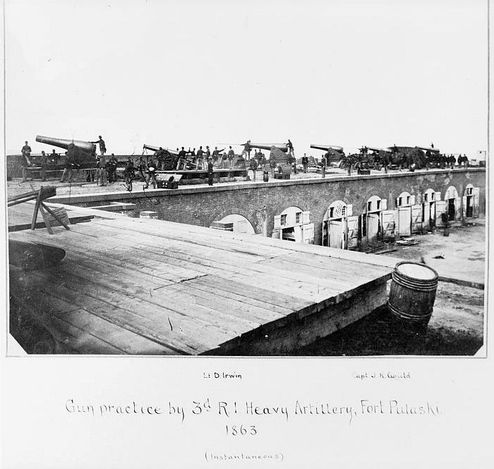 Historic View, 1863, Entitled "Gun Practice by 3Rd RI Heavy Artillery, Fort Pulaski,&Quot; That Shows the Northwest Corner and (Interior) North Wall of the Fort Looking West to Northeast Generally.