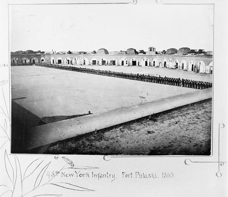Historic View, 1863, Entitled &Quot;48Th NEW YORK INFANTRY, FORT PULASKI,&Quot; Closer View of the Troops Looking from the Southwest Corner of the Fort with East End of North Wall, Northeast Wall, and Most of the Southeast Wall in the Background