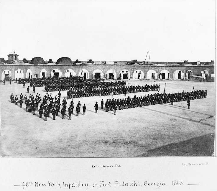 Historic View, 1863, Entitled &Quot;48TH NEW YORK INFANTRY in FORT PULASKI, GEORGIA,&Quot; Looking to the Southeast Wall of Fort (Note: Southeast Interior, Southeast Hot Shot Furnace, and South Wall in View; the Small Structure to the Left of Center Is in the East Angle of the Fort)