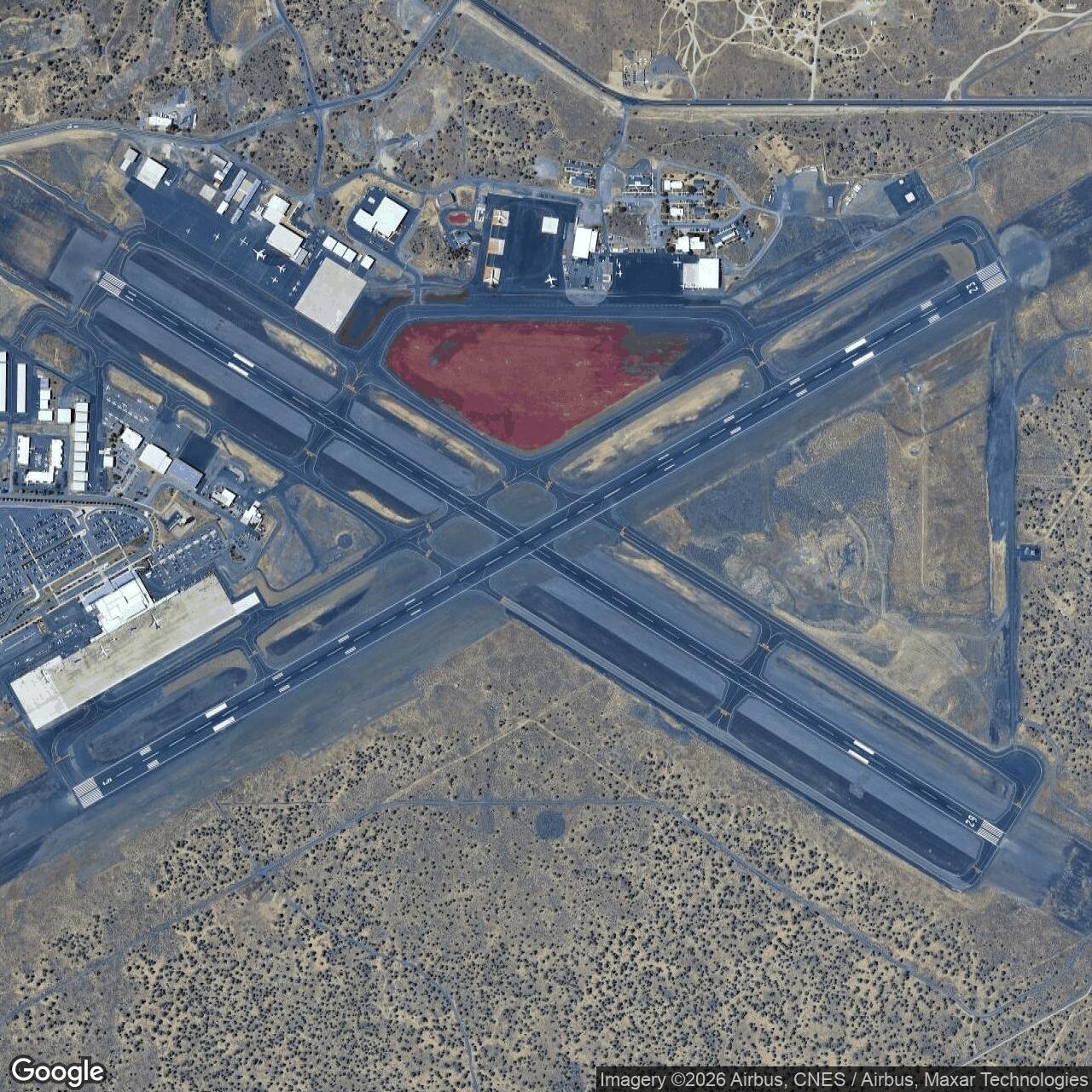 Current Google Satellite Image of Redmond Army Airfield / Roberts Field / Redmond Municipal Airport, Oregon