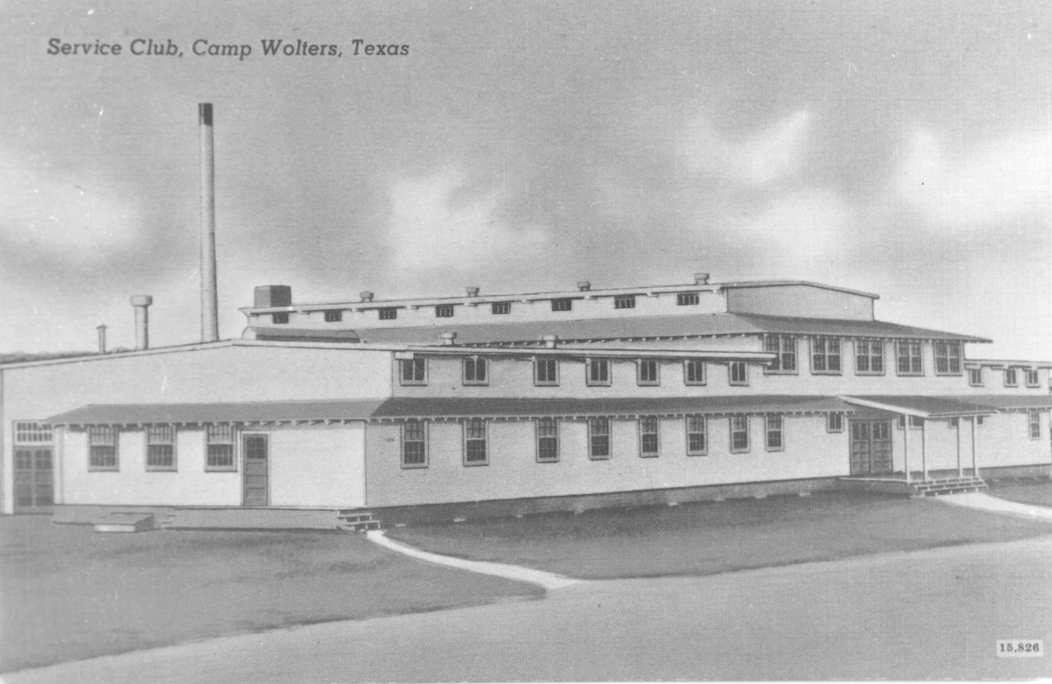 An illustration of the Service Club at Camp Wolters, which was located just outside Mineral Wells, Texas is shown here. Once the largest Infantry Replacement Training Center during World War II, Camp [later Fort] Wolters was re-opened during the Korean Conflict, and again during the Vietnam War. This portrait of the service club is probably a photograph taken from an old picture postcard.