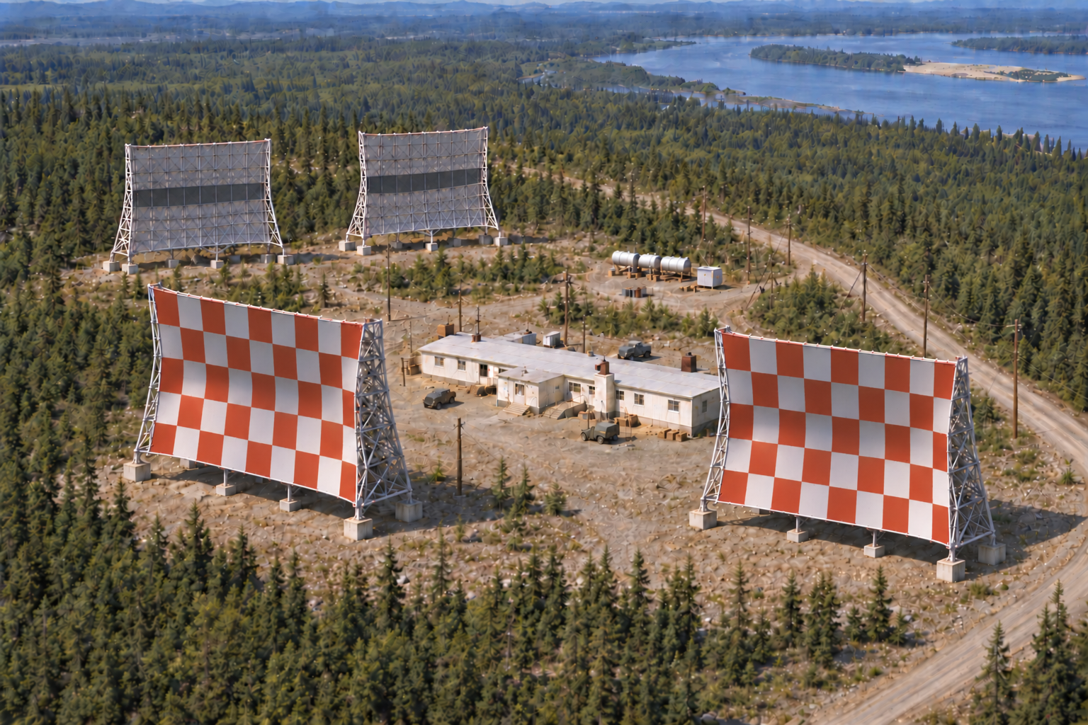 Source-guided reconstruction of Aniak White Alice station with four billboard antennas and its central building
