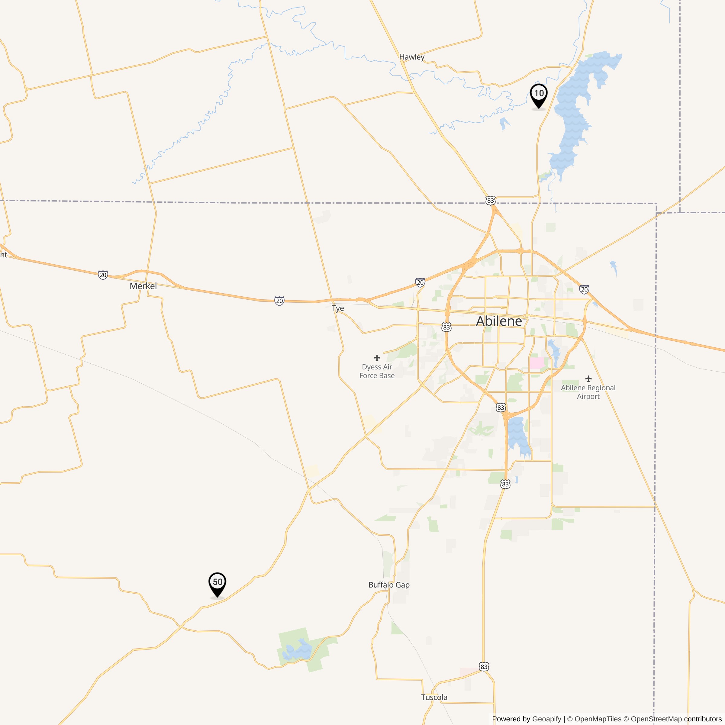 Map Showing Dyess AFB Defense Area Nike Launcher Locations