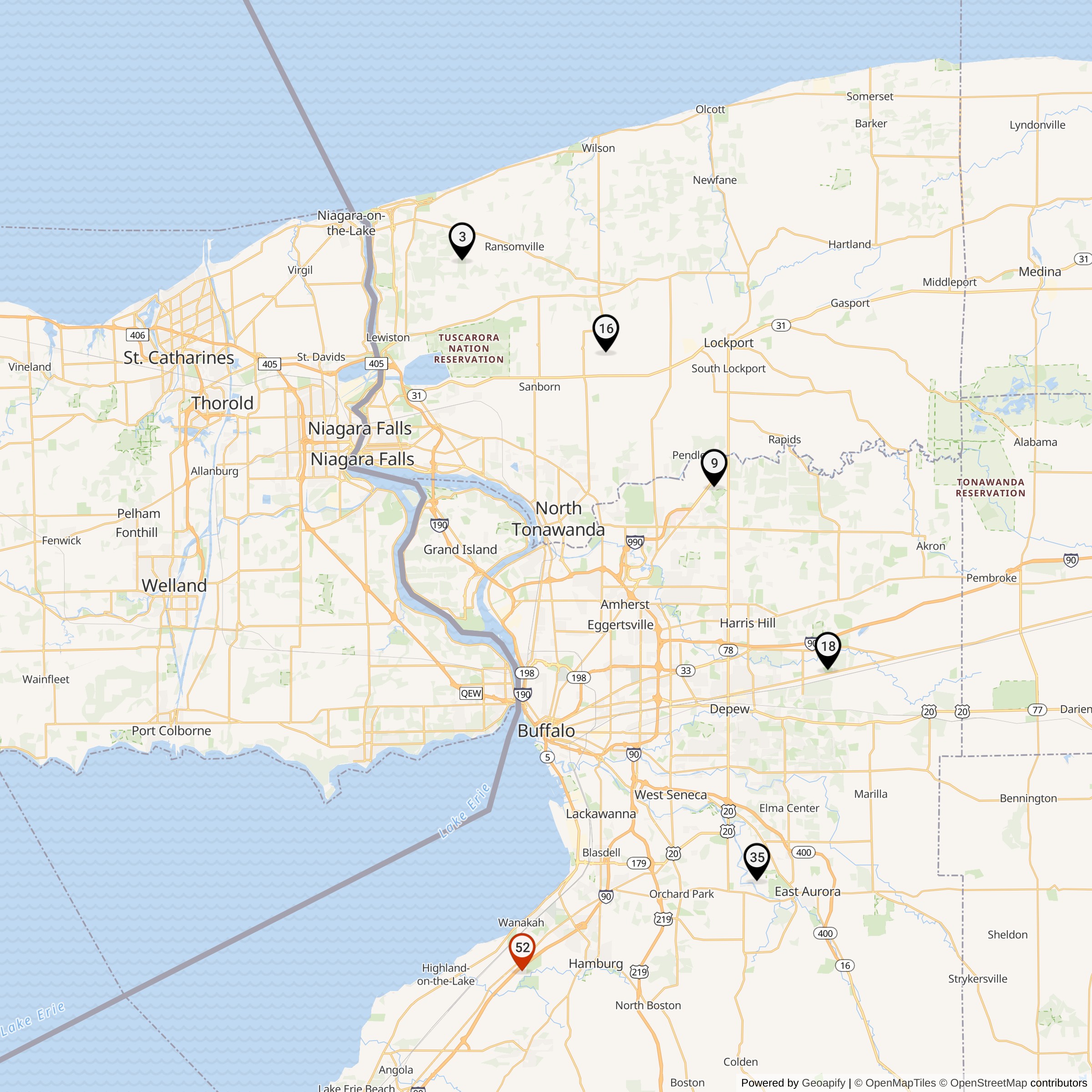 Map Showing Niagara Falls-Buffalo Defense Area Nike Launcher Locations