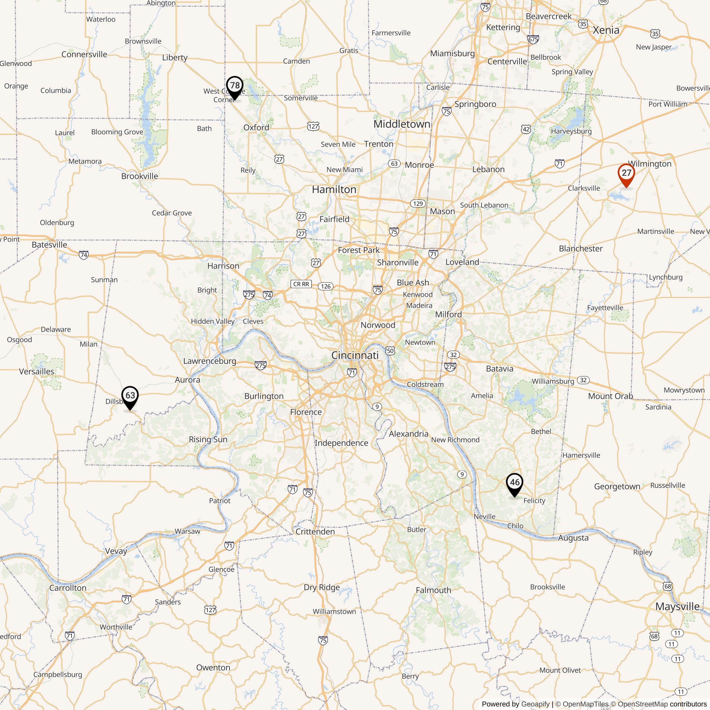 Map Showing Cincinnati Defense Area Nike Launcher Locations