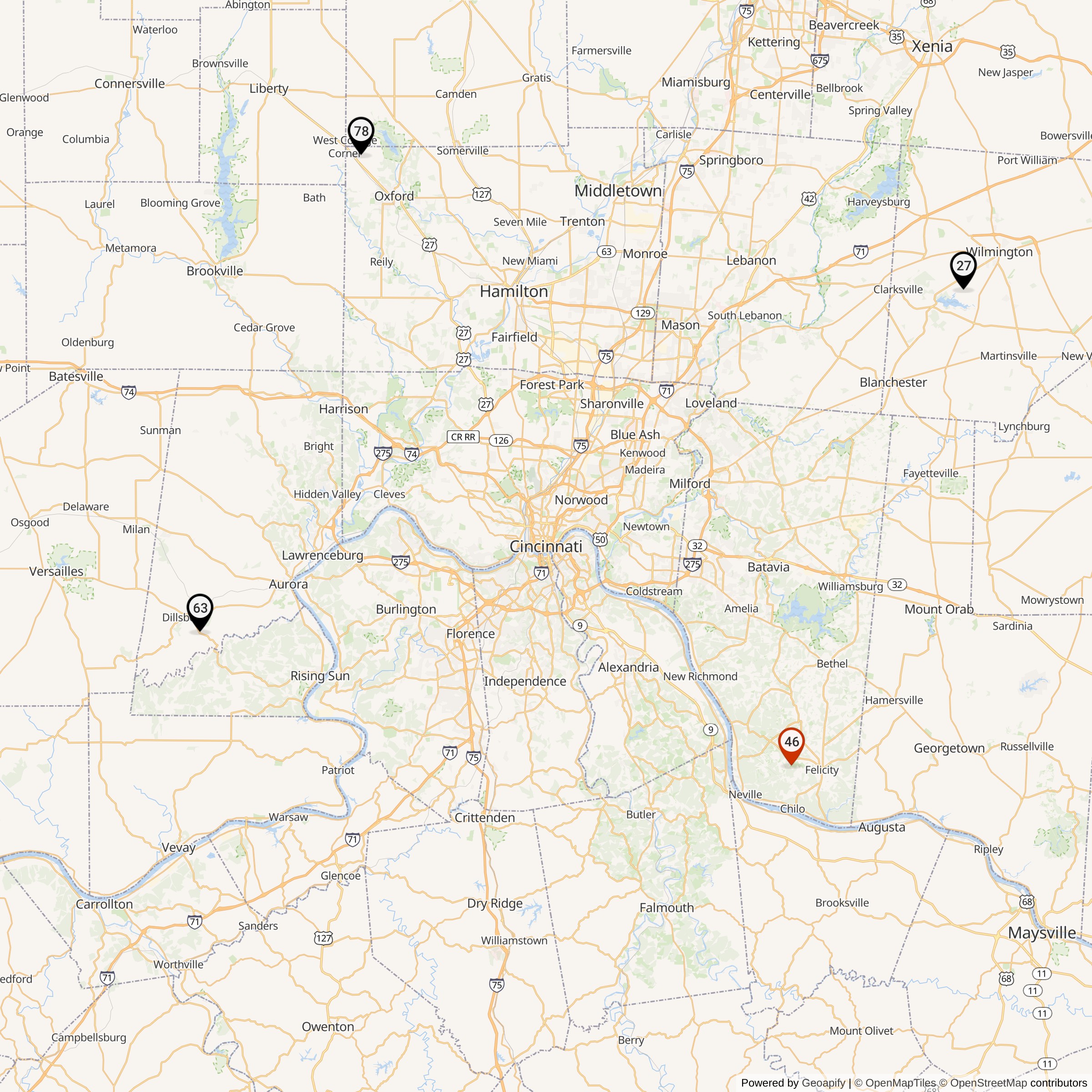 Map Showing Cincinnati Defense Area Nike Launcher Locations