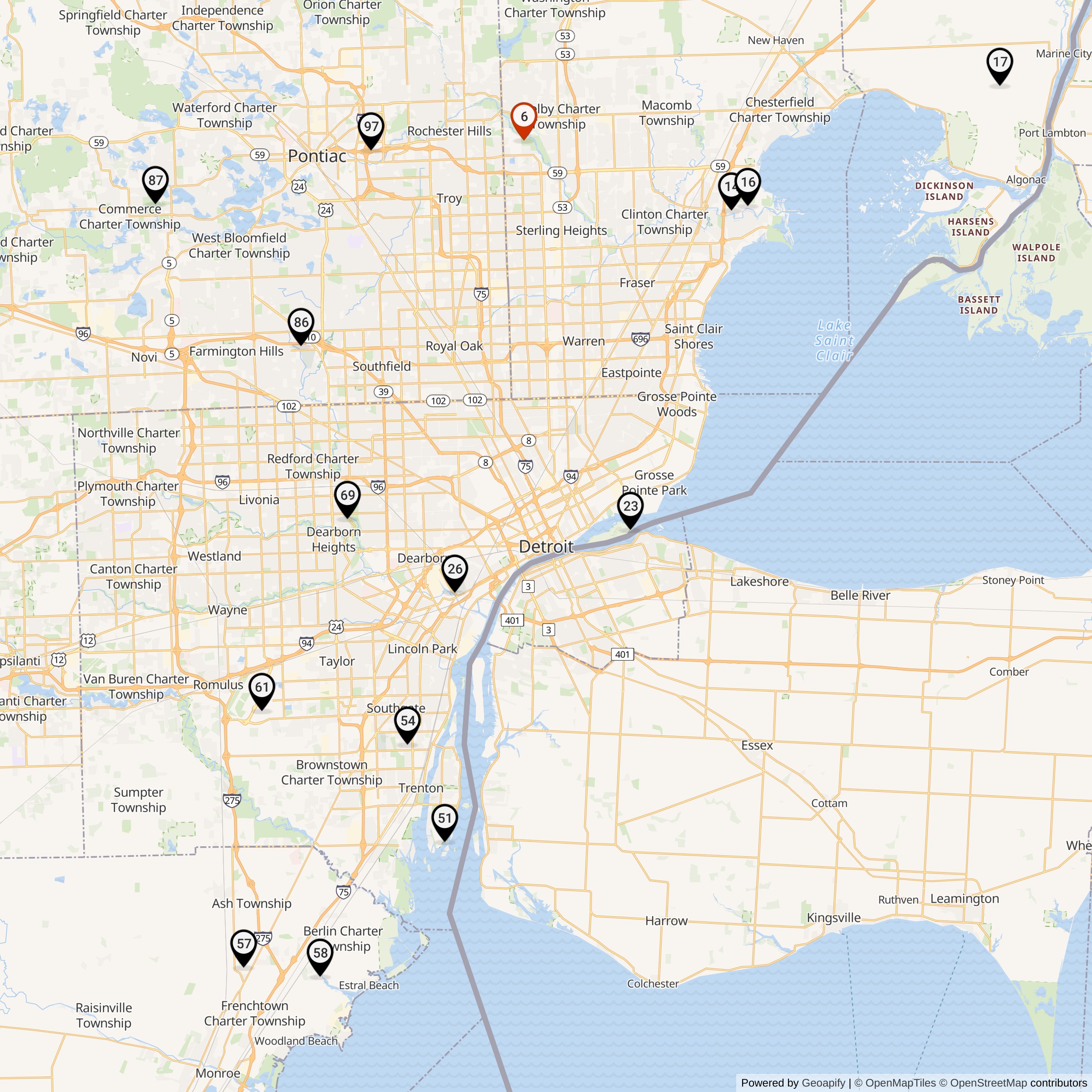 Map Showing Detroit Defense Area Nike Launcher Locations
