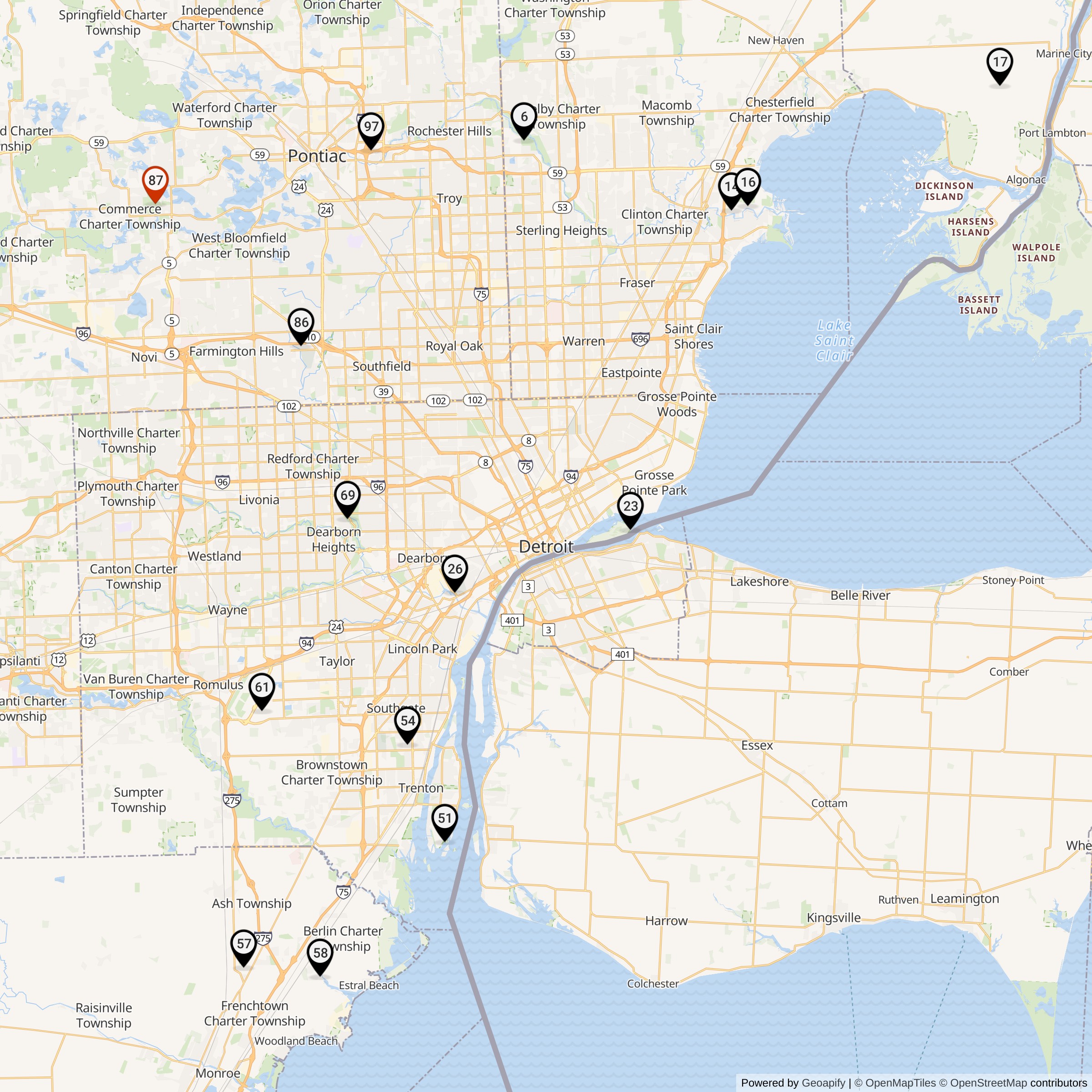 Map Showing Detroit Defense Area Nike Launcher Locations