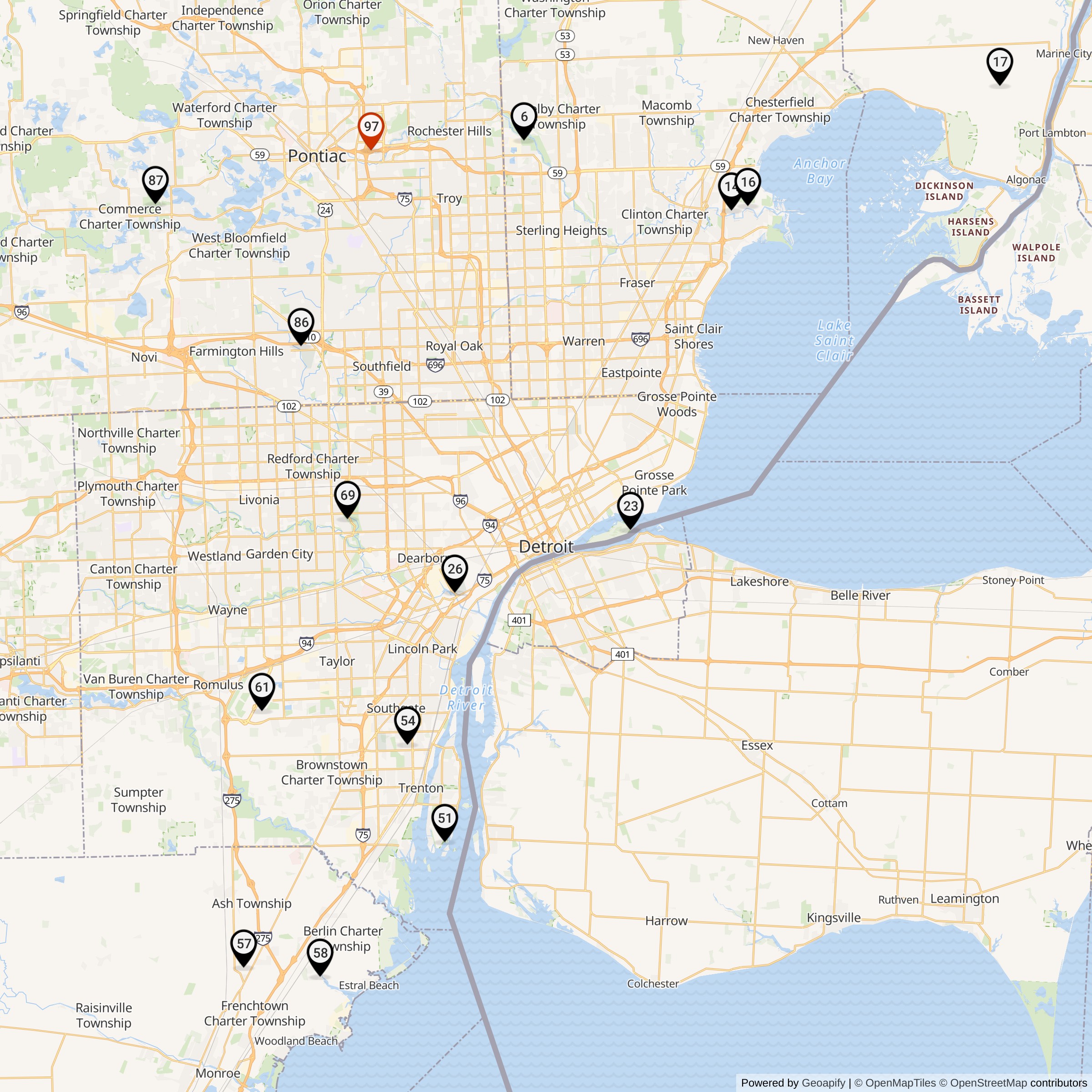 Map Showing Detroit Defense Area Nike Launcher Locations
