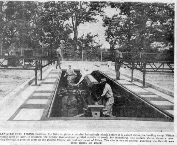 Newspaper Photo of Nike Missile rising from magazine at site D-06, Utica MI