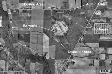 These images are from the Microsoft TerraServer and were taken in 1993. The six sided area is the barracks area for the Launch area  It also used to be the landing strip for the Newport Naval Air Station during WWII.  The Launcher area is just south of it.  The IFC area is NE of it.