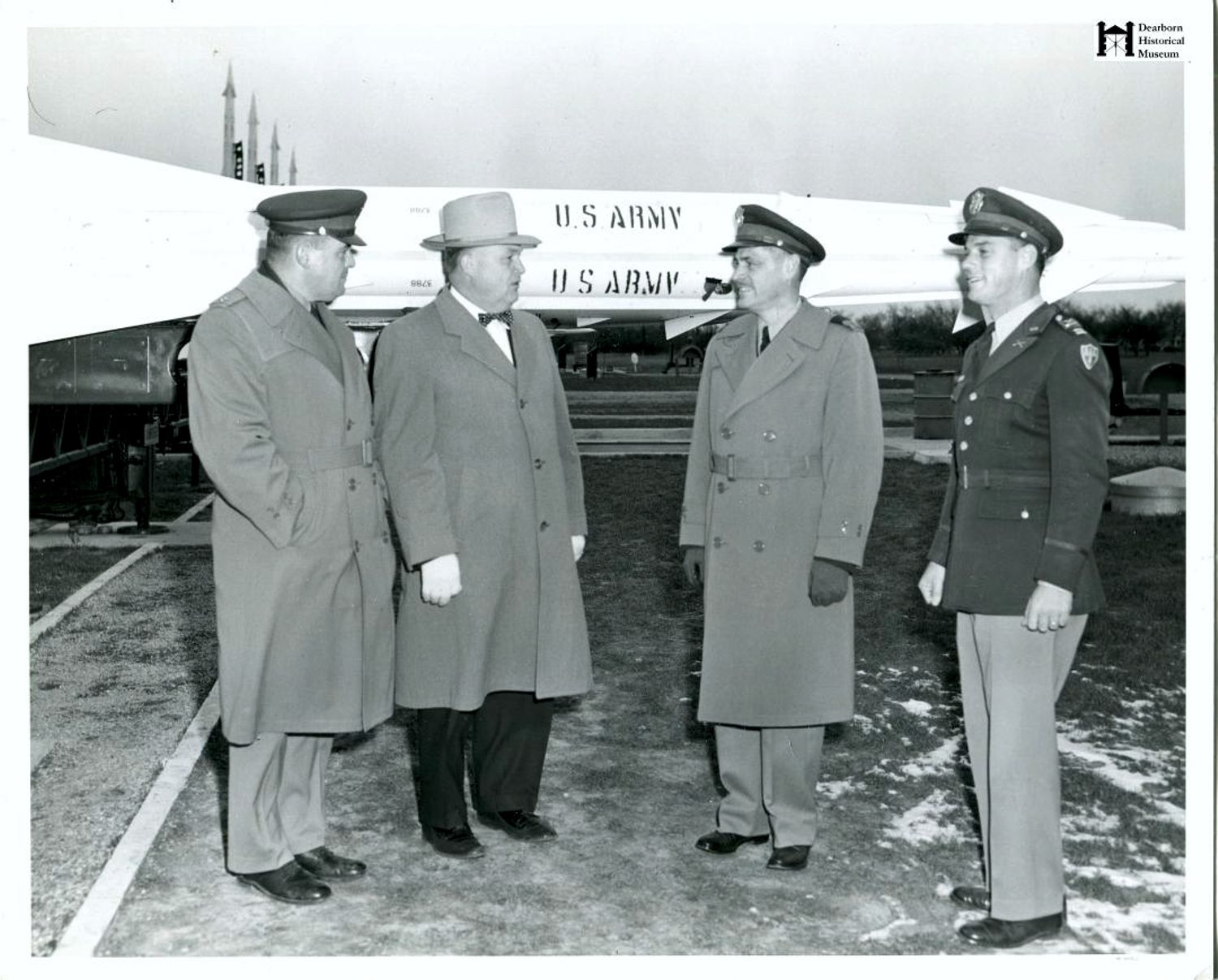 Dearborn mayor Orville Hubbard (second from left), visits D-69 Launcher Area sometime in the late 50s. Contributed by boocat. From the Dearborn Historical Museum.