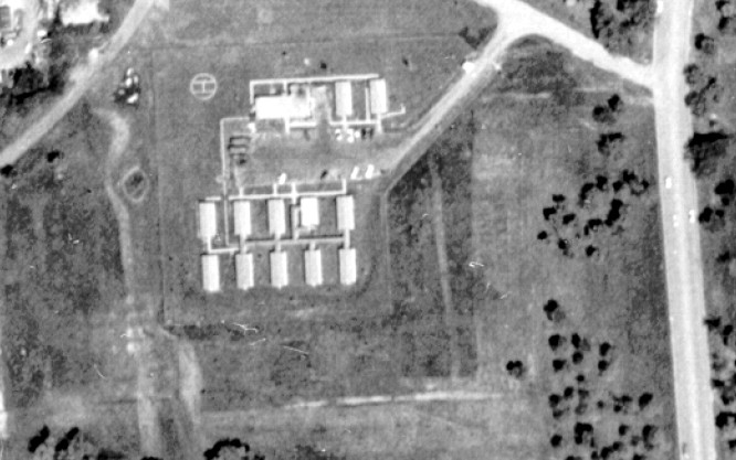 D-69 Admin Area as seen in 1961. The road to the East is Outer Dr. Note the Helo Pad outlined in the grass