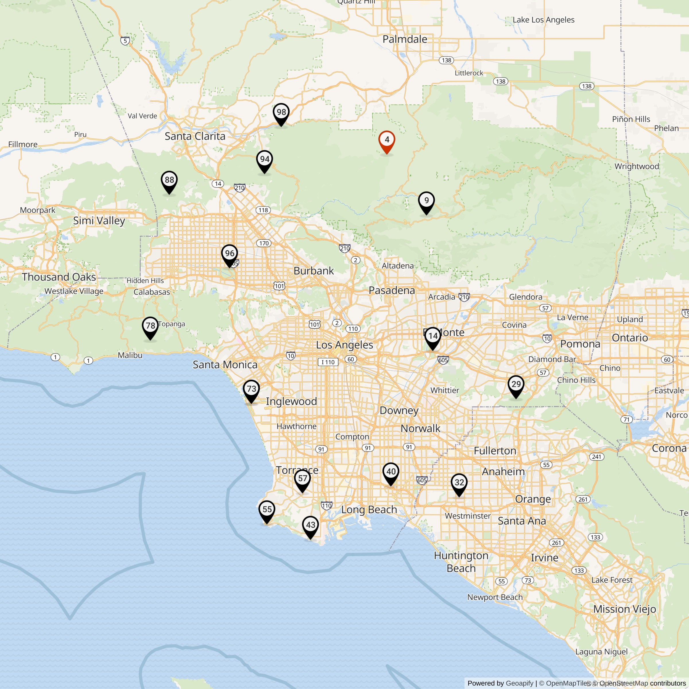 Map Showing Los Angeles Defense Area Nike Launcher Locations