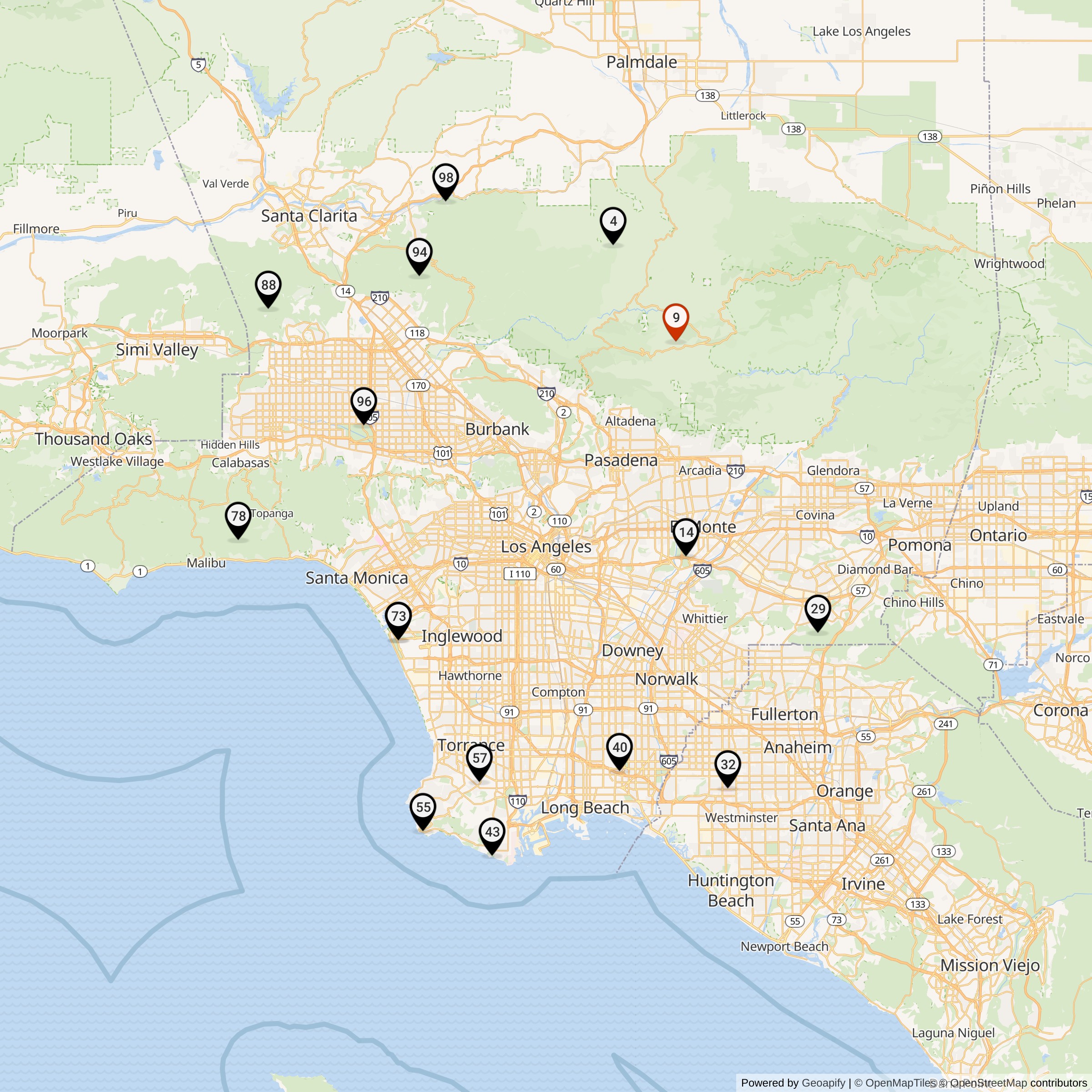 Map Showing Los Angeles Defense Area Nike Launcher Locations