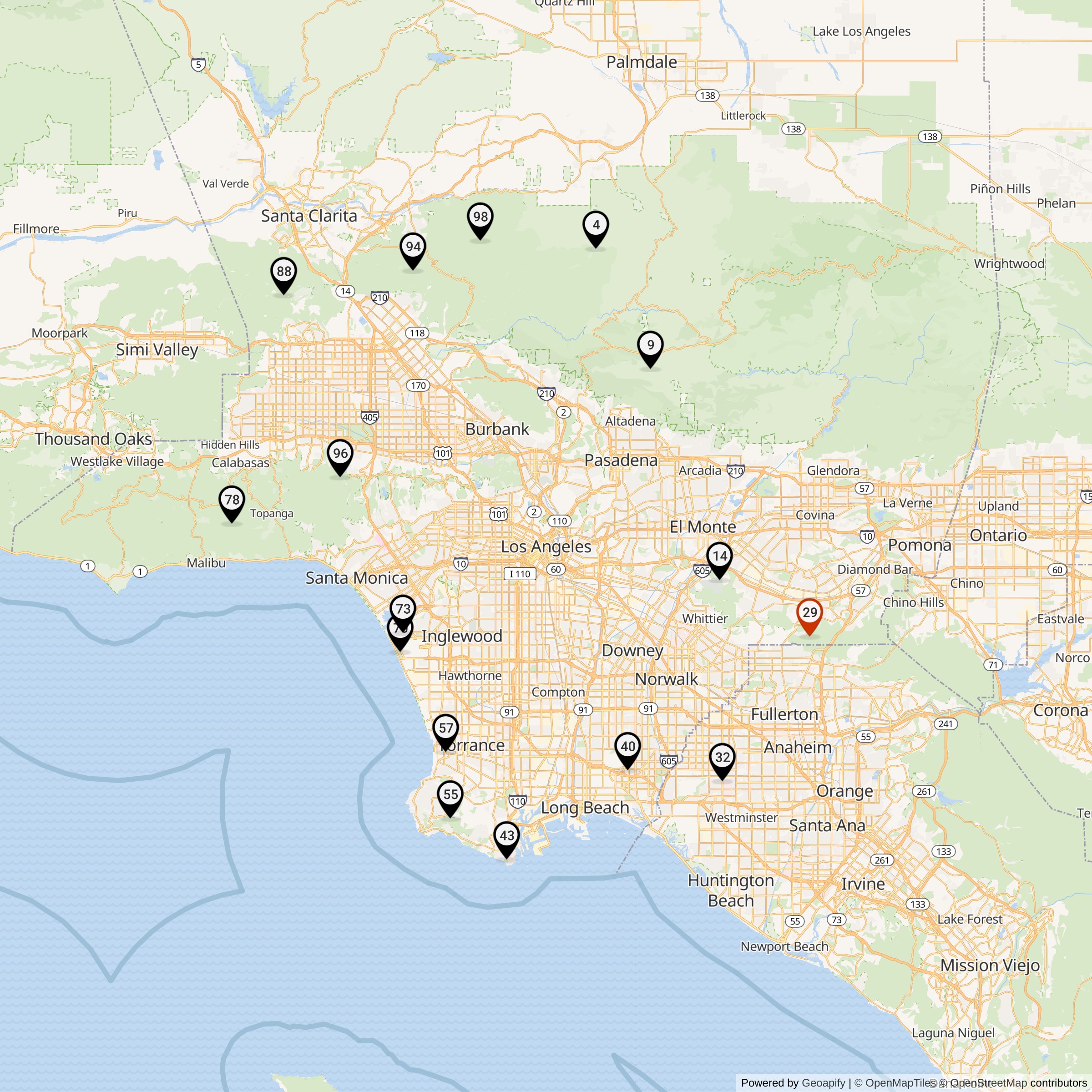 Map Showing Los Angeles Defense Area Nike Launcher Locations